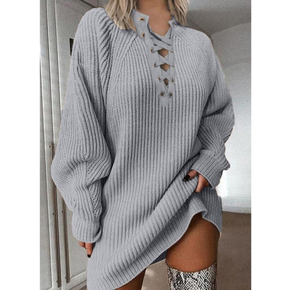 Grauer Strickpullover Damen, Langarm, Schnürung, Oversize, modisch, bequem, Herbstmode.