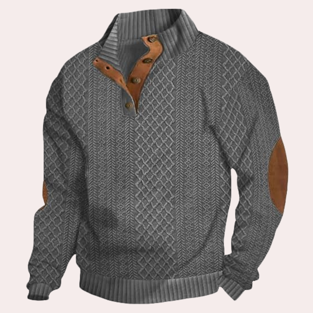 Grauer Strickpullover mit braunen Lederakzenten, Herrenmode, stilvoll und warm.
