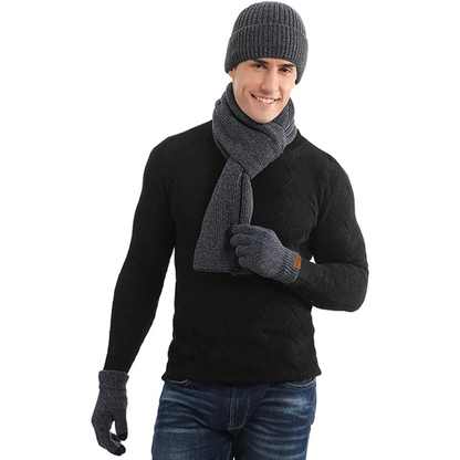 Mann mit grauem Strickmütze, Schal und Handschuhen, schwarzem Pullover, lächelnd, Wintermode.