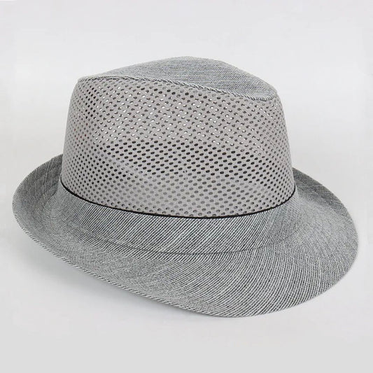 Grauer Trilby-Hut aus Stroh, atmungsaktiv, stilvoll, ideal für Sommermode.