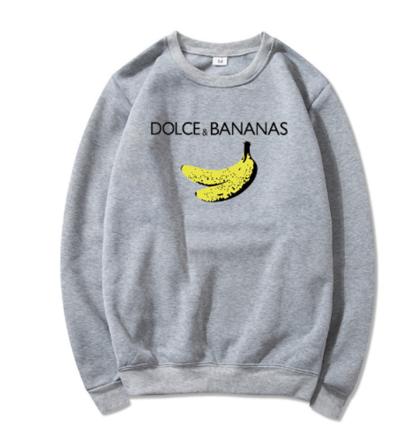 Grauer Pullover mit gelbem Bananen-Print und "Dolce & Bananas" Schriftzug, Unisex, Baumwolle.