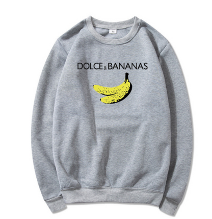 Grauer Pullover mit gelbem Bananen-Print und "Dolce & Bananas" Schriftzug, Unisex, Baumwolle.
