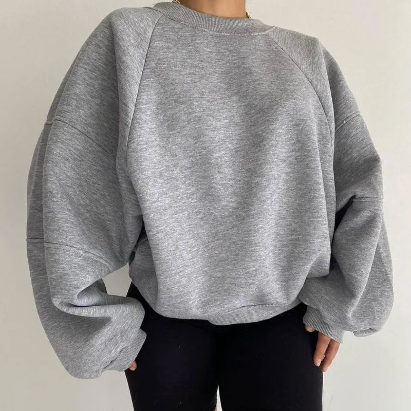 Graues Damen-Sweatshirt, oversized, aus Baumwolle, modisch, bequem, lässig.