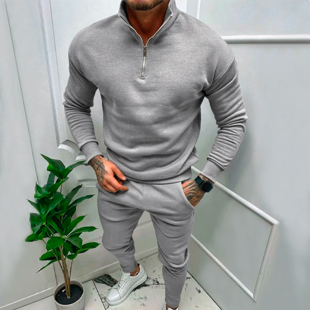 Graues Herren-Trainingsanzug-Set mit Reißverschluss, sportlich, bequem, modern.