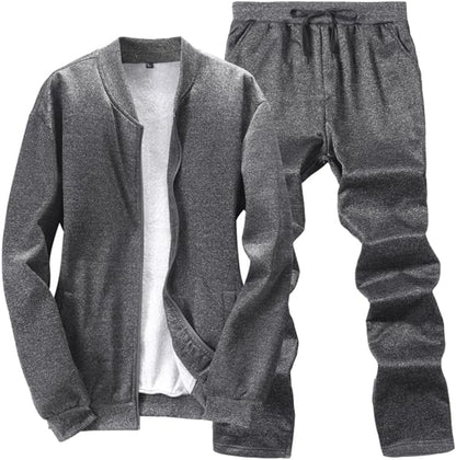 Dunkelgrauer Herren-Trainingsanzug, Baumwolle, Reißverschlussjacke, Jogginghose, Sportbekleidung.