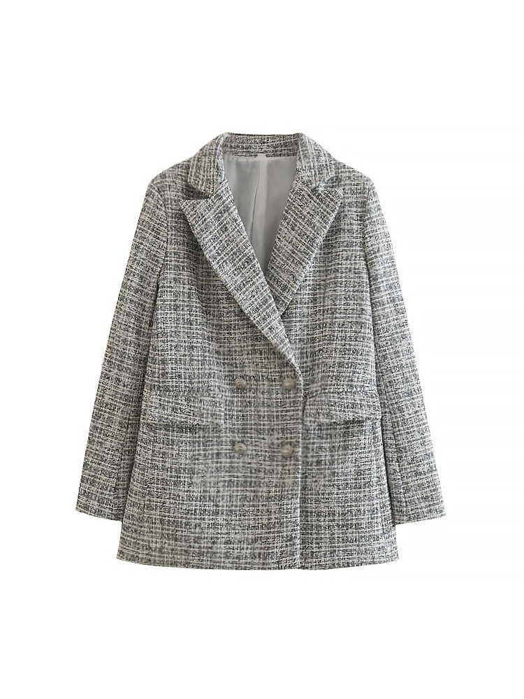 Grauer Damenblazer, kariert, zweireihig, elegant, Büro, Herbstmode, Tweed-Stoff.