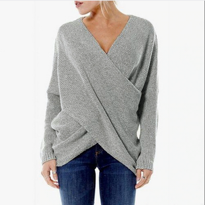 Grauer Damenpullover mit V-Ausschnitt, Strick, lässig, überkreuztes Design, modisch.
