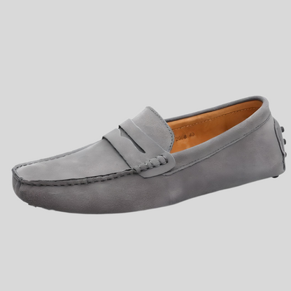 Grauer Wildleder-Loafer für Herren, eleganter Freizeitschuh, rutschfeste Sohle.