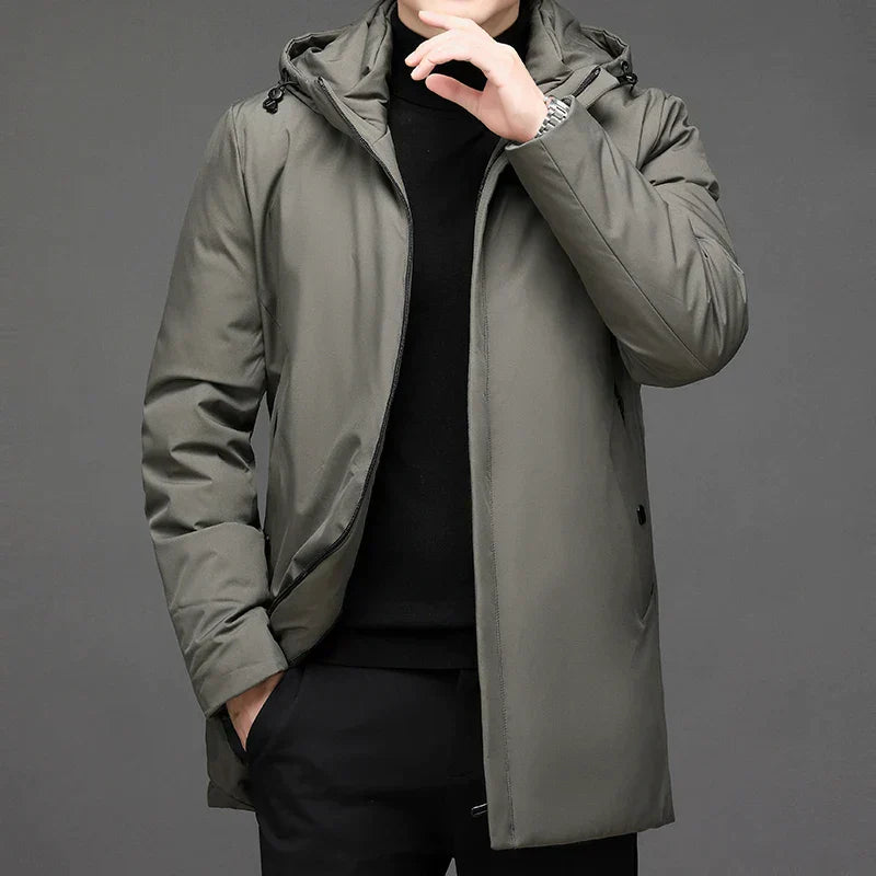 Männer Winterjacke, olivgrün, mit Kapuze, warm, modisch, für kaltes Wetter, Outdoor-Bekleidung.