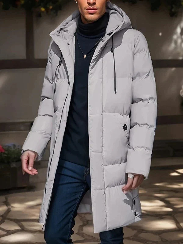 Männer Winterjacke, hellgrau, Daunen, Kapuze, warm, modisch, Outdoor, Herbst/Wintermode.