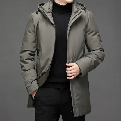 Männer Winterjacke, olivgrün, mit Kapuze, warm, modisch, für kaltes Wetter.