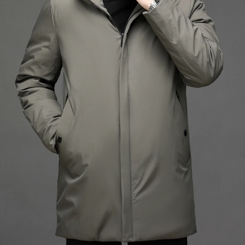 Grauer Herren-Wintermantel, wasserabweisend, mit Reißverschluss, elegantes Design.