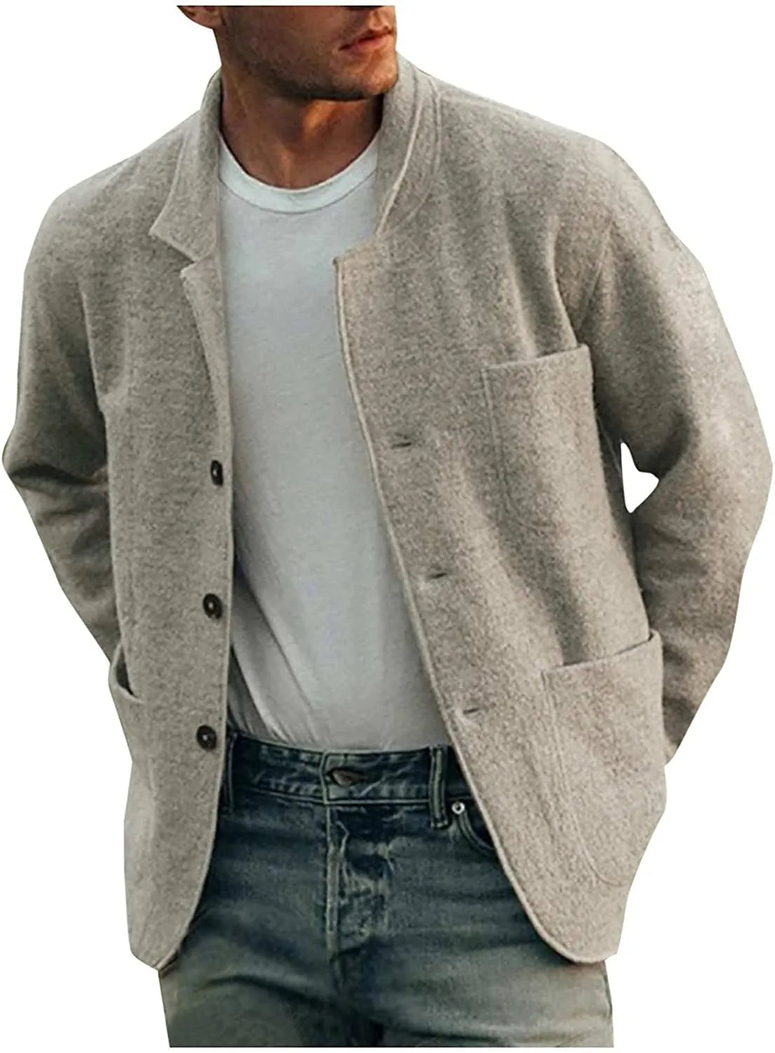 Männer Strickjacke beige, Knopfleiste, Taschen, lässig, Baumwolle, Herbstmode, Herrenbekleidung.