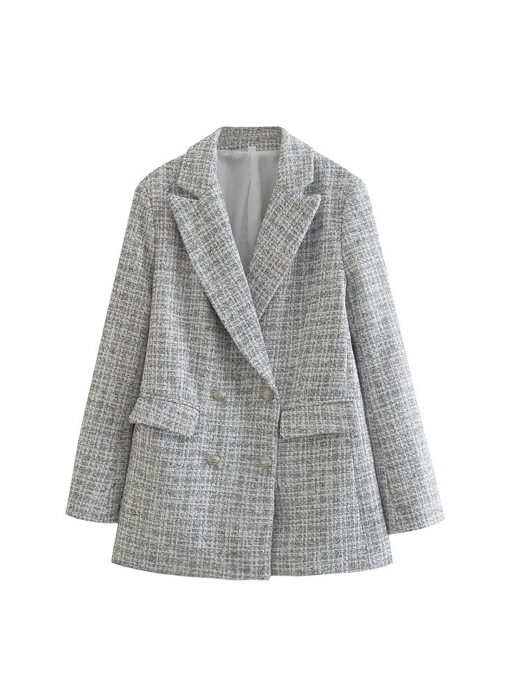 Grauer Damenblazer, Tweed, zweireihig, elegant, modisch, Herbstmode, Büro-Outfit.