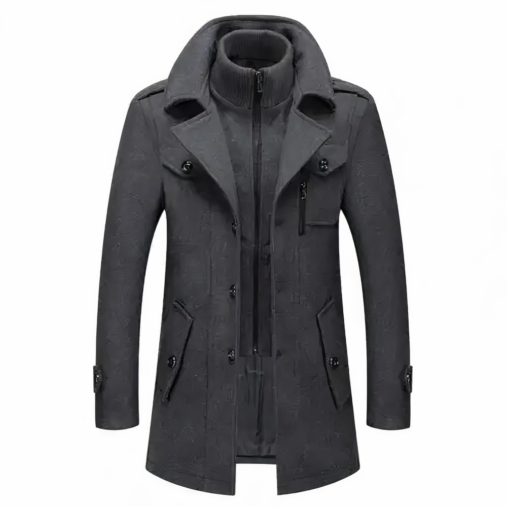 Dunkelgrauer Herrenmantel, Winterjacke, Reißverschluss, Knöpfe, elegantes Design, warm, modisch.