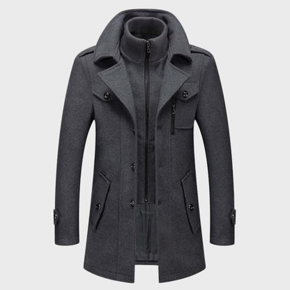 Grauer Herrenmantel, Wollmischung, doppelreihig, modisch, Winterjacke, elegantes Design.