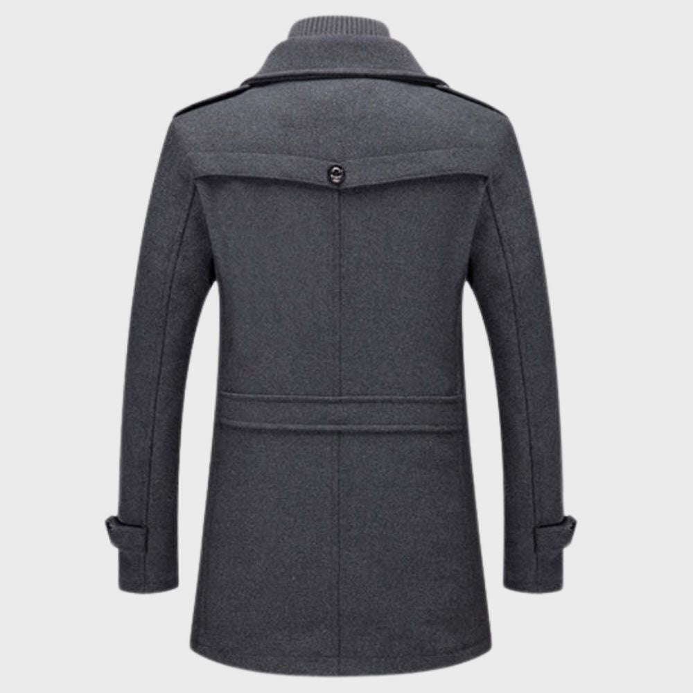 Grauer Herrenmantel aus Wolle, Rückansicht, elegantes Design, Wintermode, warm und stilvoll.