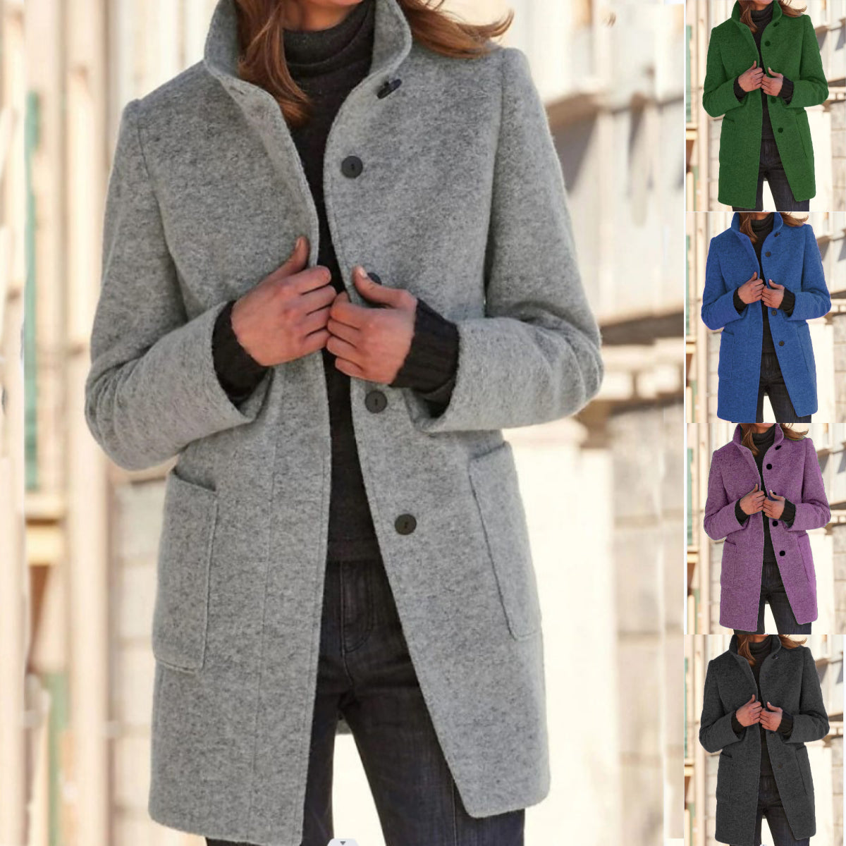 Damen Wollmantel grau, Knopfleiste, Taschen, verschiedene Farben, Herbstmode, elegant.