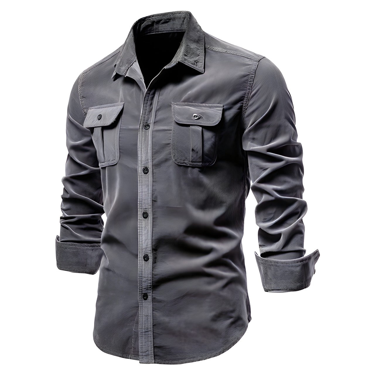 Graues Herrenhemd aus Cord, einreihig, 100% Baumwolle, Business Casual Mode.