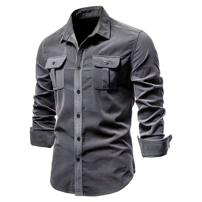 Graues Herrenhemd aus Cord, einreihig, 100% Baumwolle, Business Casual Mode.