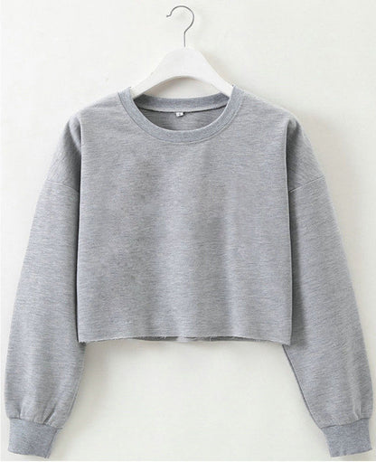 Graues Damen-Cropped-Sweatshirt, langärmlig, Baumwolle, lässig, modisch, bequem.
