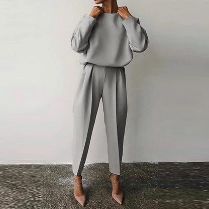 Graues Damen-Sweatshirt und Hose Set, lässig, bequem, modisch, Herbstmode, Langarm.