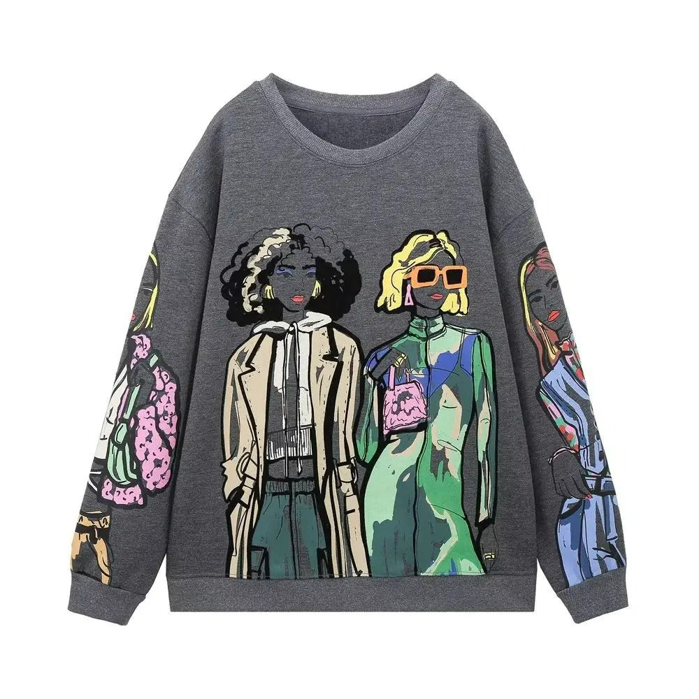 Grauer Damenpullover mit buntem Fashion-Print, Langarm, Baumwolle, lässiger Stil.
