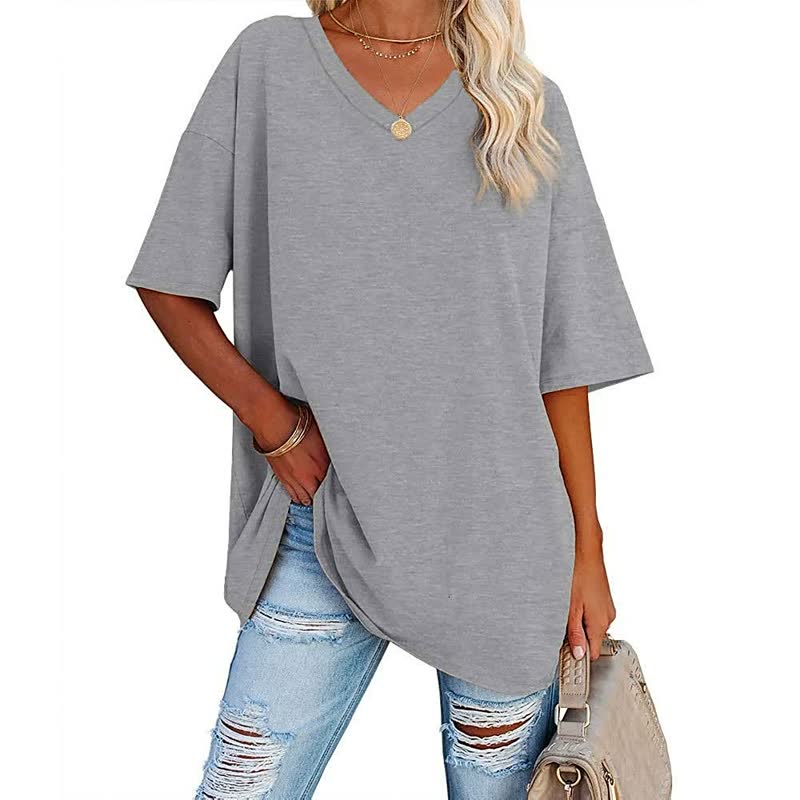 Graues Damen-T-Shirt, V-Ausschnitt, lässig, Baumwolle, kurze Ärmel, modisch, bequem.