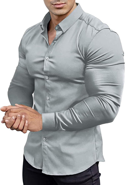 Herren Slim Fit Hemd, hellgrau, langarm, Knopfleiste, elegantes Design, Baumwolle.