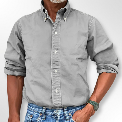 Graues Herrenhemd, Button-Down-Kragen, langärmlig, Baumwolle, lässig, modisch.