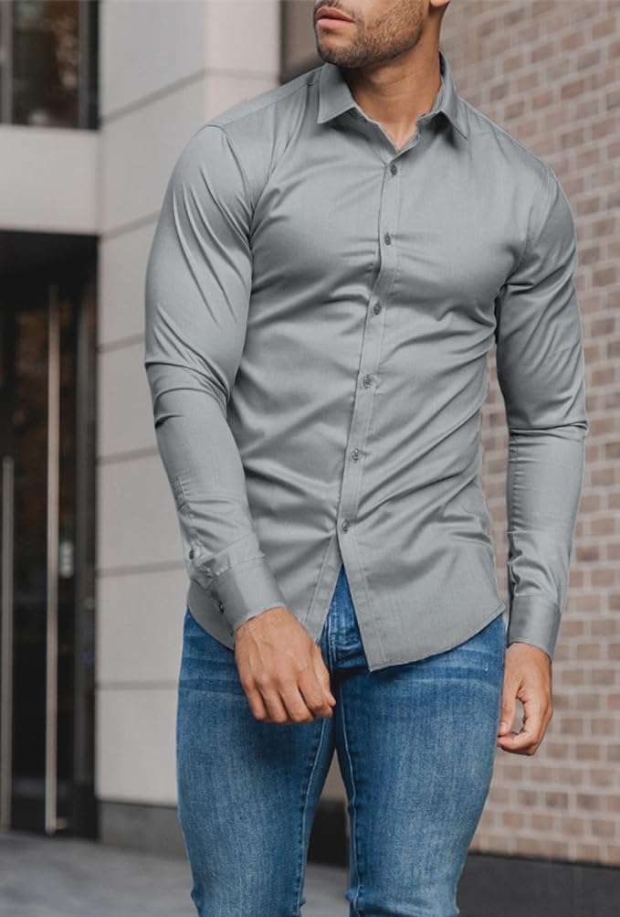 Graues Herrenhemd Slim Fit, langärmelig, Baumwolle, modisch, elegant, Freizeitkleidung.