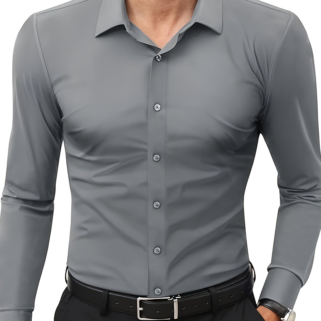 Graues Herrenhemd, langärmelig, Knopfleiste, Business-Stil, glatter Stoff.