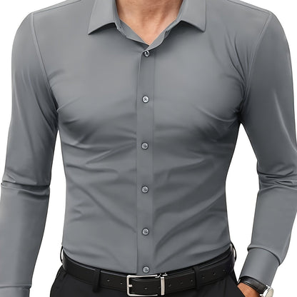 Graues Herrenhemd, langärmelig, Knopfleiste, Business-Stil, glatter Stoff.