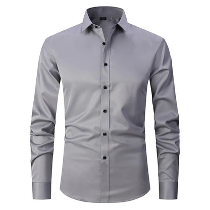 Graues Herrenhemd, knitterfrei, elastisch, komfortabel, langärmelig, Business-Stil.