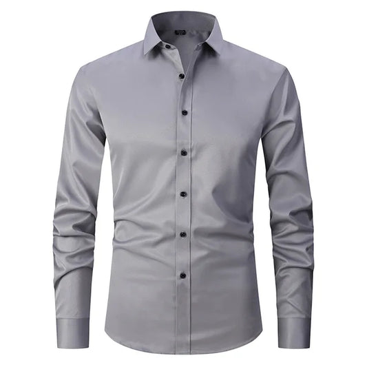 Graues Herrenhemd, knitterfrei, elastisch, komfortabel, langärmelig, Business-Stil.