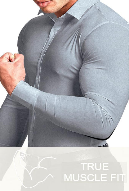 Graues Muskelshirt für Herren, enganliegend, Langarm, Knopfleiste, Fitnessmode.