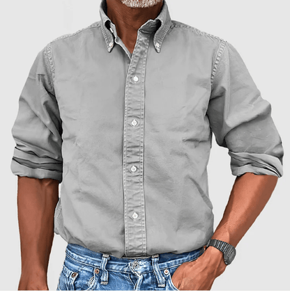 Graues Herrenhemd, Button-Down-Kragen, langärmlig, Baumwolle, lässig, modisch.