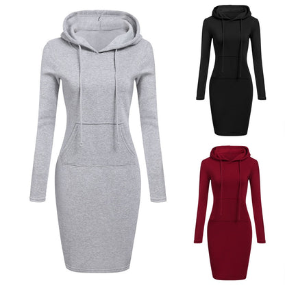 Damen Kapuzenkleid, langärmelig, grau, schwarz, rot, Freizeitmode, Baumwolle, Herbst-Winter.