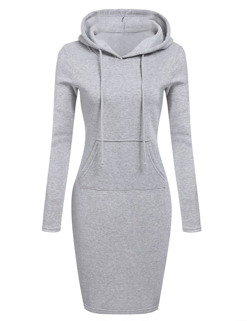 Graues Kapuzenkleid Damen, langärmelig, Baumwolle, sportlich, bequem, modisch, Freizeitkleidung.