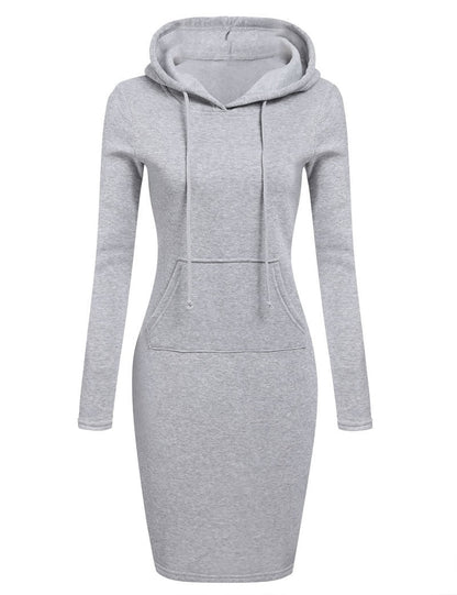 Graues Kapuzenkleid Damen, langärmelig, Baumwolle, sportlich, bequem, modisch, Freizeitkleidung.