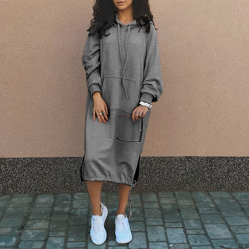 Graues Kapuzenkleid Damen, lässig, lang, mit Taschen, Herbstmode, Streetwear, bequem.
