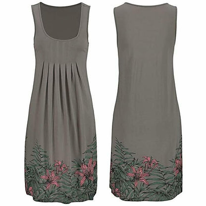 Ärmelloses Damenkleid, olivgrün, mit Blumenmuster, Sommermode, knielang, Baumwolle.