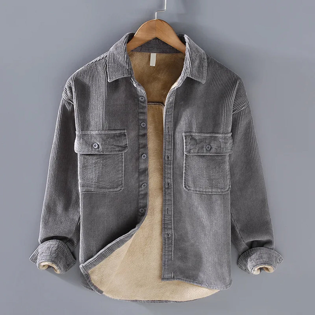 Graues Cordhemd mit Fleece-Futter, Herrenmode, warm, langärmelig, Knopfleiste.