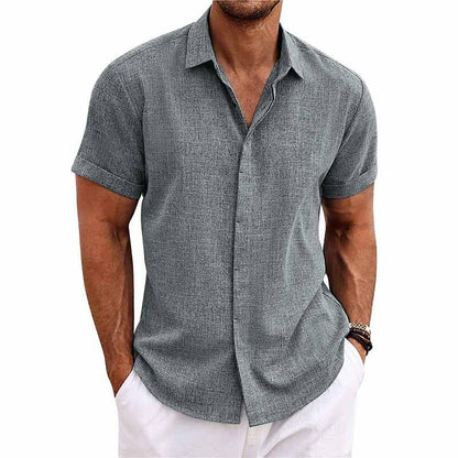 Graues Herrenhemd, kurzärmelig, Leinenoptik, lässig, Sommermode, eleganter Stil.