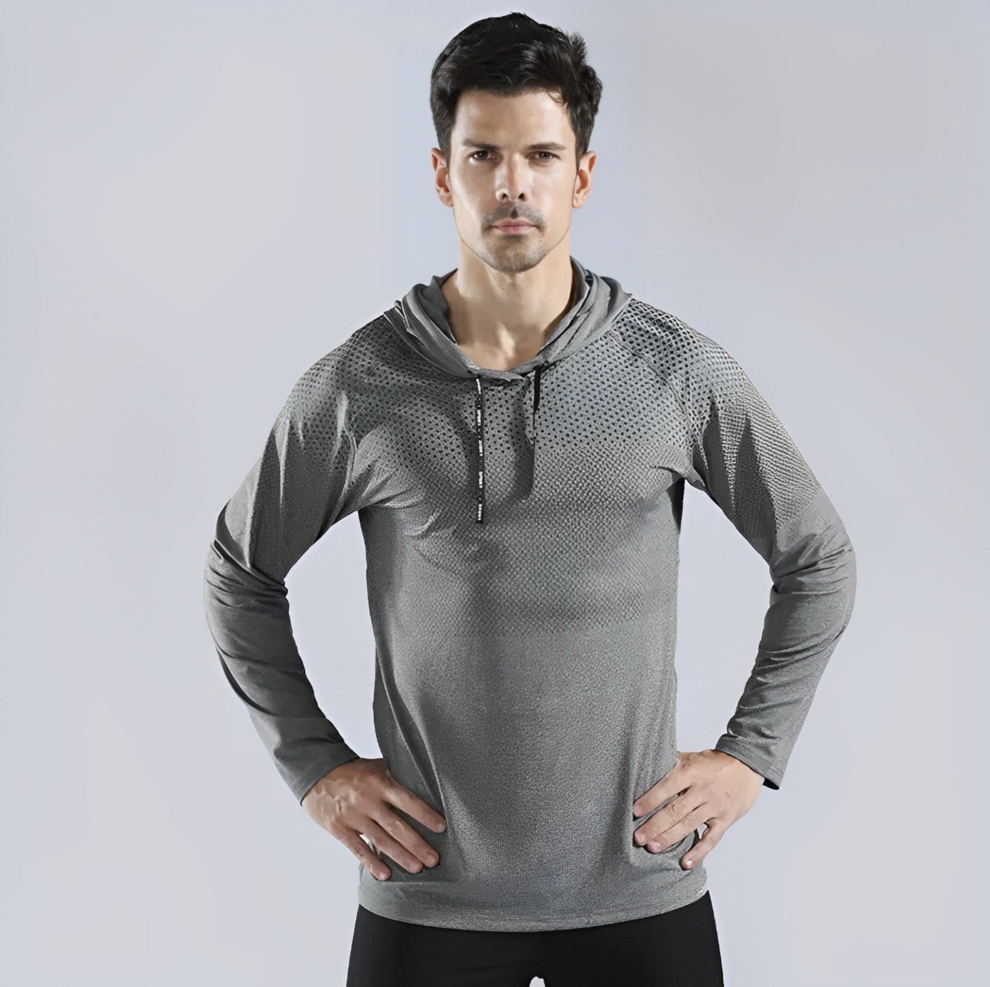Männer Sportshirt mit Kapuze, grau, atmungsaktiv, langärmelig, Fitness, Laufen.