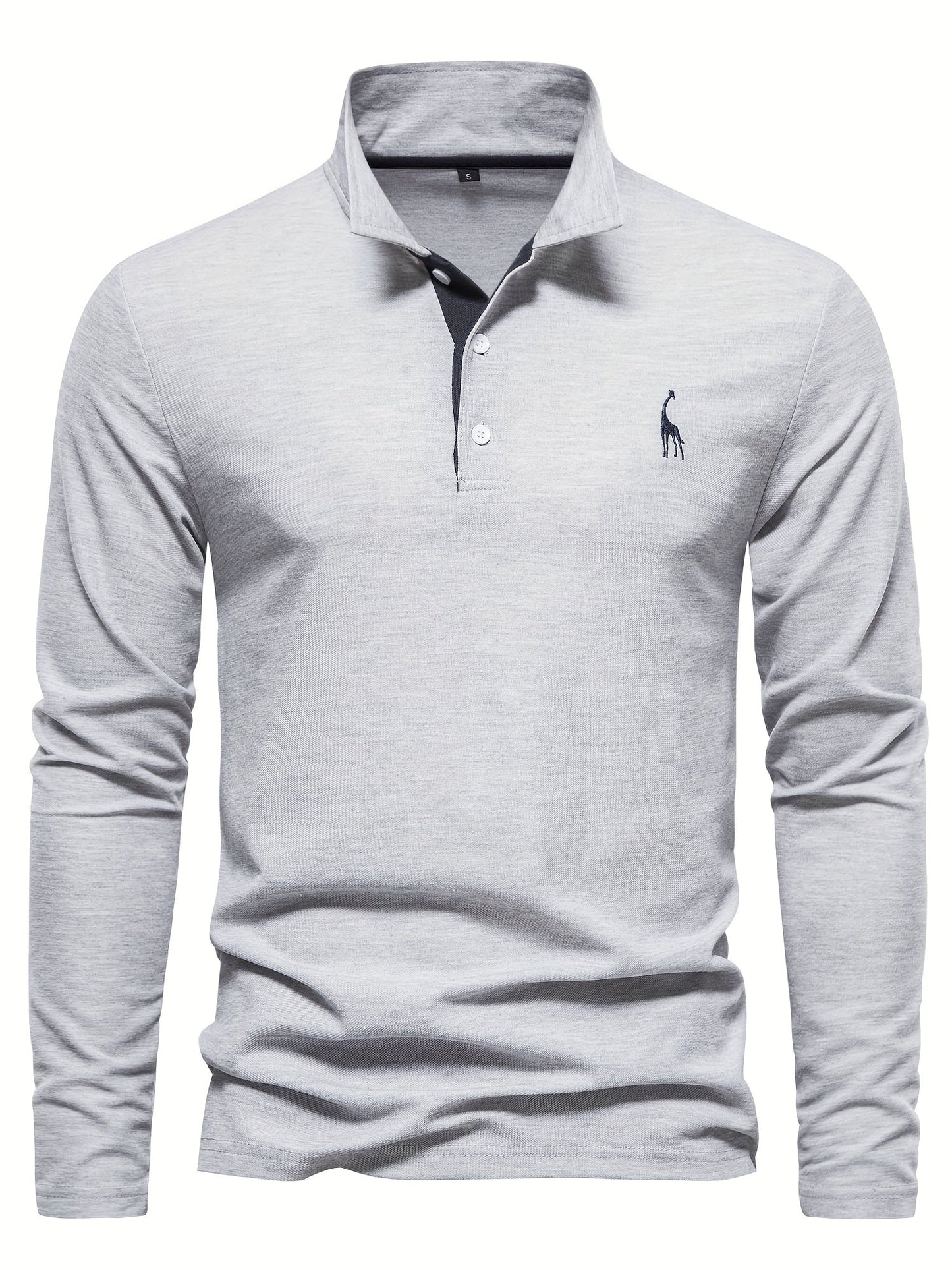 Graues Herren-Poloshirt, langärmelig, Baumwolle, mit gesticktem Logo, klassischer Kragen.