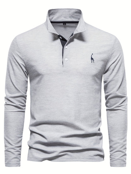 Graues Herren-Poloshirt, langärmelig, Baumwolle, mit gesticktem Logo, klassischer Kragen.