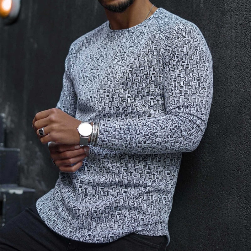 Graues Herren-Langarmshirt mit geometrischem Muster, modernem Design, lässiger Stil.