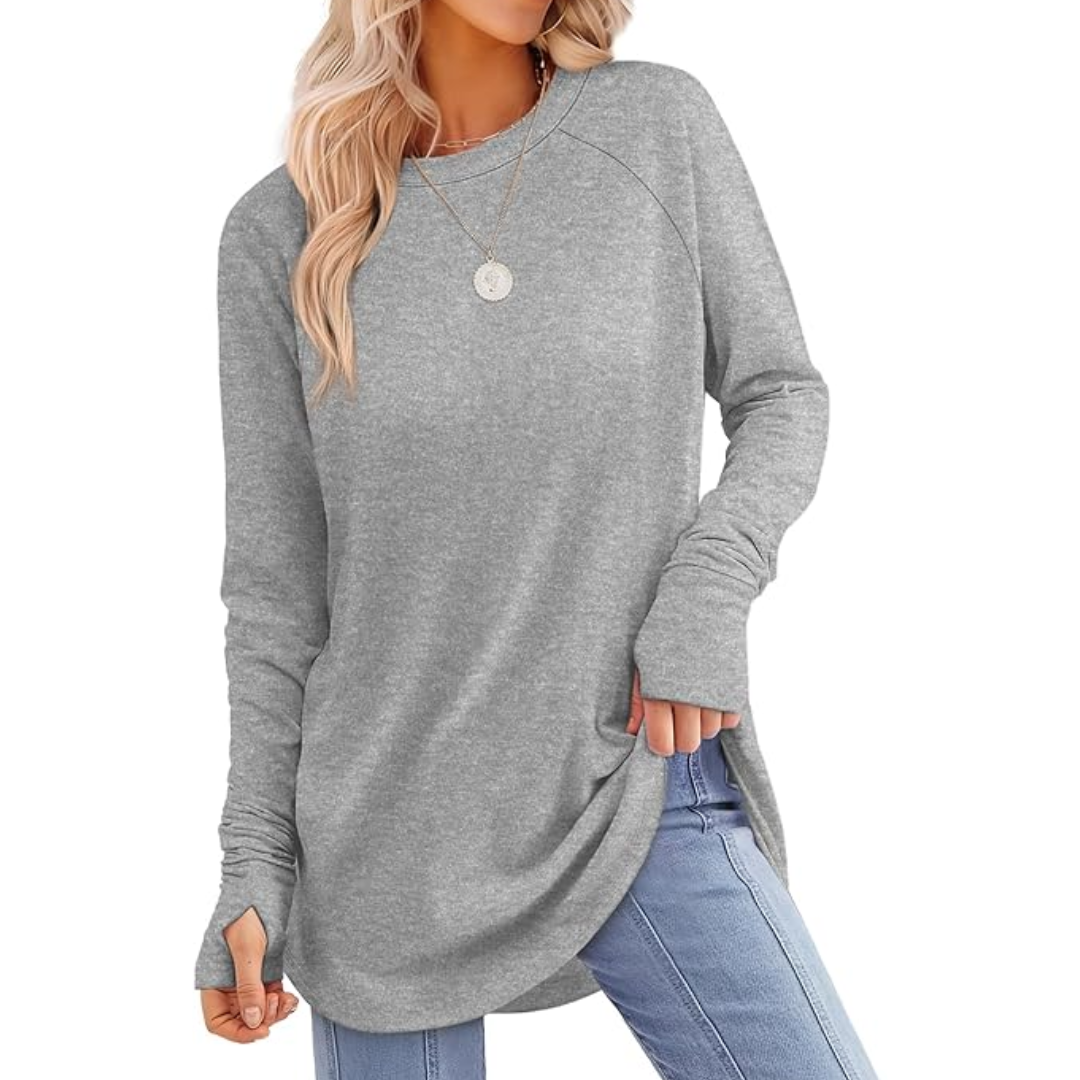 Graues Damen-Langarmshirt, lässig, Baumwolle, Rundhals, ideal für Herbstmode.