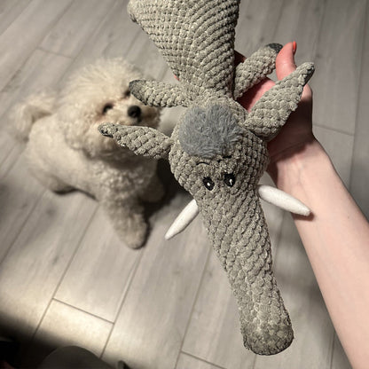 Graues Hundespielzeug in Elefantenform aus Stoff, gehalten von Hand, mit weißem Hund im Hintergrund.